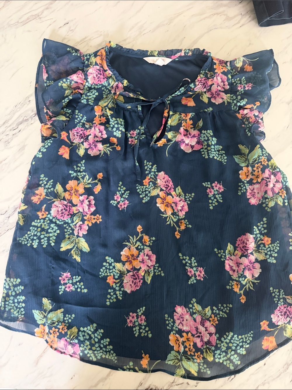 LC Lauren Conrad Navy Floral Ruffle Sleeve Tie-Neck Blouse